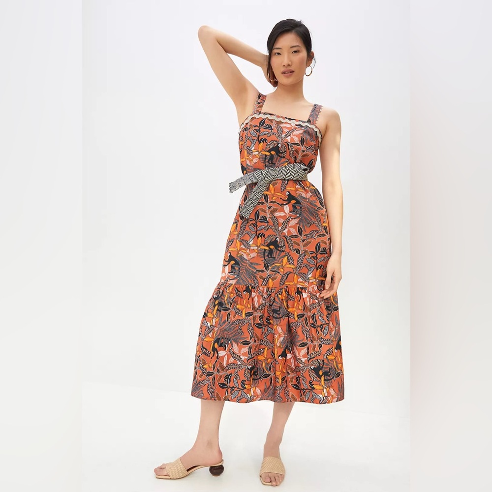 ANTHROPOLOGIE Corey Lynn Calter Flounced Tropical Printed Midi Dress‎ Size XS